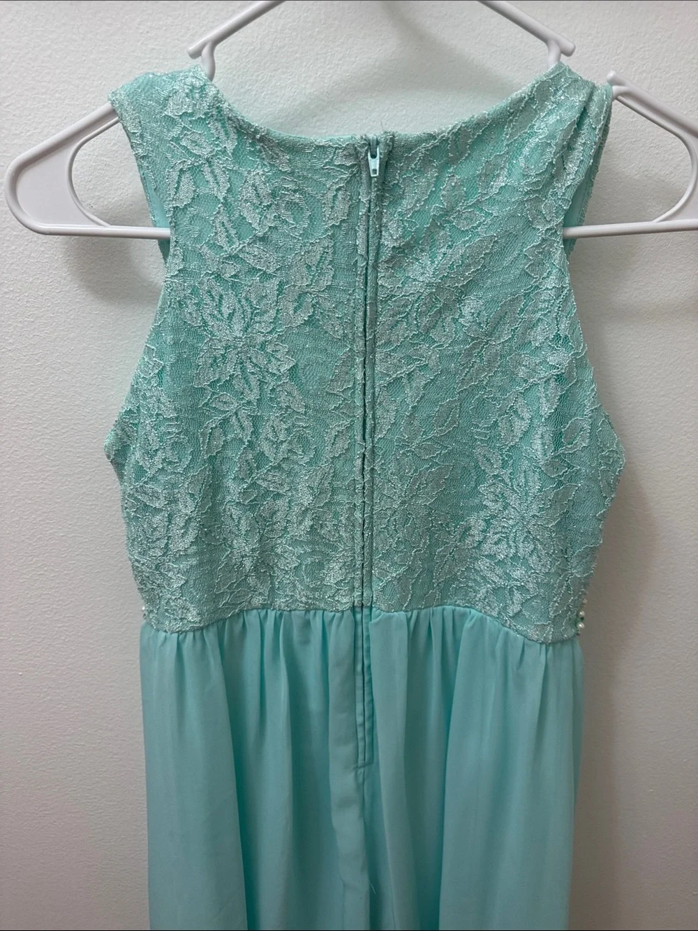 Tween Dive Girls' Aqua Lace Chiffon Gown with Beaded Waistband